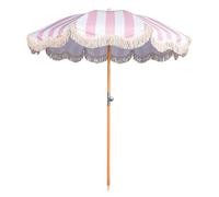 Mansader Parasol de plage bohème pliable de 2 m avec frange, UPF 50+ avec sac de transport, parasol de terrasse pliable pour jardin, pelouse, piscine, table de cour, rose/rayures, 2 meter
