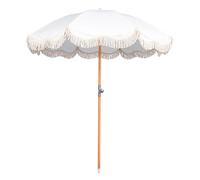 Mansader Parasol de plage bohème pliable de 2 m avec frange, UPF 50+ avec sac de transport, parasol de terrasse pliable pour jardin, pelouse, piscine, table de cour, blanc, 2 meter
