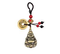 Mansiyuyee Porte-clés statue de Bouddha heureux en laiton avec cinq pièces Feng Shui, Bouddha rieur porte-clés porte-bonheur pompon, cuivré