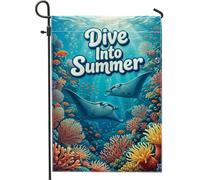 Manta Ray Drapeau de jardin, poisson corail sous-marin d'été bleu en toile de jute double face pour extérieur, terrasse, pelouse, porche, entrée, camping, 30,5 x 45,7 cm