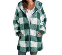 Manteau à Capuche surdimensionné à Carreaux for Femmes, Pardessus Ample, Chaud, Grande Taille, Fermeture éclair, vêtements d'extérieur Longs, Veste Polaire Double Sherpa(Light Green,L)