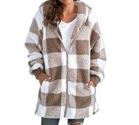 Manteau à Capuche surdimensionné à Carreaux for Femmes, Pardessus Ample, Chaud, Grande Taille, Fermeture éclair, vêtements d'extérieur Longs, Veste Polaire Double Sherpa(Khaki,L)