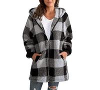 Manteau à capuche surdimensionné à carreaux for femmes, pardessus ample, chaud, grande taille, fermeture éclair, vêtements d'extérieur longs, veste polaire Double Sherpa, automne et hiver(Gray,S)
