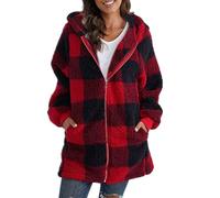 Manteau à Capuche surdimensionné à Carreaux for Femmes, Pardessus Ample, Chaud, Grande Taille, Fermeture éclair, vêtements d'extérieur Longs, Veste Polaire Double Sherpa(A/Red,S)