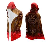 Manteau à capuche Viking pour homme avec Vegvisir et arbre du monde - Cardigan asymétrique de style nordique - Cape sombre pour les jeux de rôle et les festivals, Style_y01 Rouge, 3XL