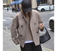 Manteau à double boutonnage en laine mélangée avec col montant, veste courte décontractée pour l'automne et l'hiver, vêtement de rue quotidien, coupe régulière dans des couleurs unies (S kaki)