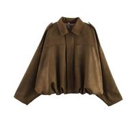 Manteau Aviateur Faux Suede Veste Retro Femme avec Fermeture éclair intégrale et manches chauve-souris Jacket Lapel Collar Blouson aviateur de travail courtes Femme Oversize Rue Casual (Brown, S)