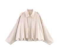 Manteau Aviateur Faux Suede Veste Retro Femme avec Fermeture éclair intégrale et manches chauve-souris Jacket Lapel Collar Blouson aviateur de travail courtes Femme Oversize Rue Casual (White, L)