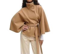 Manteau Court en Laine Mélangée for Femme, Poncho À Manches Chauve-Souris, Veste Cape en Laine À Col Montant Et Ceinture, Veste Cape À Boutons(Khaki,M)