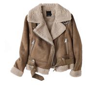 Manteau court marron court en similicuir pour femme - Veste d'hiver vintage en fourrure intégrée - Fermeture éclair - Manches longues - Chic, marron, S court