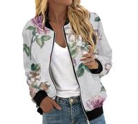 Manteau court pour femme - Motif floral - Manches longues - Multicolore - Veste bomber - Fermeture éclair - Col montant - Manteau court - Automne - Printemps - Veste d'université - Veste d'aviateur