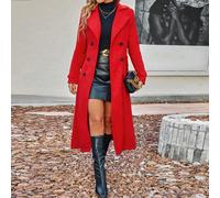 Manteau croisé à revers, manteau décontracté pour femmes à la fin de l'automne, ceinturé élégant, manches régulières à double bouton, col cranté, coupe régulière, manteau rouge uni pour femmes, vêteme