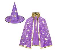 Manteau de Magicien Enfants Cape et Chapeau de Sorcière Filles Garçons Cape d'Halloween Cosplay Déguisement Mascarade Motif d'Etoile Costume de Diable Vampire Noël Party Performance Carnaval