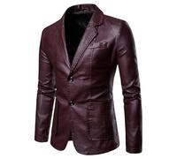 Manteau Décontracté pour Homme en Similicuir Uni, Veste Blazer À Simple Boutonnage, Col À Revers, Manches Longues, avec Poches, Coupe-Vent Classique pour Moto, Rouge Vin, Taille XS
