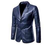 Manteau Décontracté pour Homme en Similicuir Uni, Veste Blazer À Simple Boutonnage, Col À Revers Slim, Manches Longues, avec Poches, Veste Coupe-Vent De Moto Classique, Bleu, XS