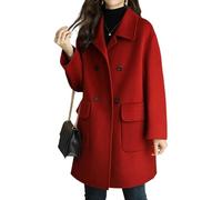 Manteau d'hiver en laine mélangée pour femme, revers cranté, double boutonnage, caban ample chaud mi-long, Rouge, M
