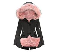 Manteau d'hiver épais pour femme avec fourrure - Couleur unie - Avec capuche - Coupe-vent - Avec poches - Longueur moyenne - Doudoune - Coupe-vent, X01 - Rose, XXXL