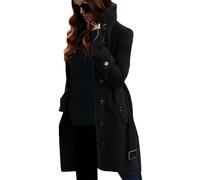 Manteau d'hiver mi-long pour femme, col montant, veste à simple boutonnage cranté, caban décontracté avec ceinture, noir, taille XX-Large