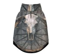 Manteau d'hiver pour animal domestique avec tête de mort et vieux wagon à cornes suspendues sur un mur en bois avec trous de suspension, coupe-vent en polaire extra chaude pour chien et chat