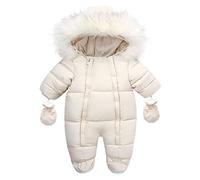 Manteau d'hiver pour bébé - Combinaison de neige - Veste - Fermeture éclair - Combinaison avec capuche - Vêtement d'extérieur - Gants de ski - Taille 7, beige, 6-12 mois