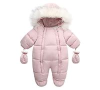 Manteau d'hiver pour bébé - Combinaison de neige - Veste - Fermeture éclair - Combinaison avec capuche - Vêtement d'extérieur - Gants de ski - Taille 7, Rose, 18-24 mois