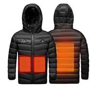 Manteau Doudoune Chauffant Electrique Enfants USB Garçons Filles Manteau Doudoune Chauffant avec 3 Zones de Chauffage Chaude Manches Longues à Capuche pour Camping Coupe-Vent Imperméable Ski