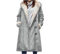 Manteau en daim longueur genou pour femme - Veste d'hiver chaude à capuche - Doublure en polaire Sherpa épaisse - Boutons - Poches latérales - Tendance - Longue veste trench en peluche - Parka