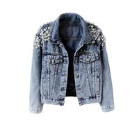 Manteau en Denim avec Clou Perlé - Veste en Jean Manches Longues pour Femme - Bleu - Taille M