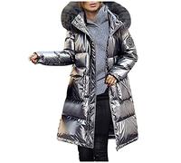 Manteau en duvet pour femme - Longue veste d'hiver - Doudoune avec fourrure - Chaud - Parka d'hiver épaisse - Casual - Veste d'extérieur avec capuche, Argent (Silver), M