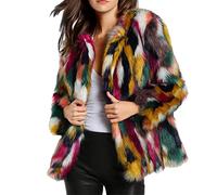 Manteau en fausse fourrure multicolore d'hiver - Manteau court tendance en peluche - Cardigan moelleux - Manteau rembourré épais - Chaud - Manches longues, rouge, S