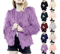 Manteau en fausse fourrure pour femme - Solide - Épais - Chaud - Veste courte en fourrure synthétique - Cardigan à poils longs - Manteau d'hiver Sherpa en peluche moelleuse, #01 Violet, M