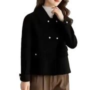 Manteau en laine à manches courtes pour femme avec col rabattu et boutons recouverts de laine, Noir , XL