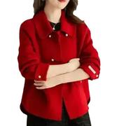 Manteau en laine à manches courtes pour femme avec col rabattu et boutons recouverts de laine, Rouge, XL