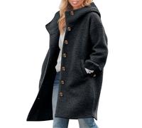 Manteau en Mélange de Laine Mi-long Femme Hiver avec Capuche Veste à Manches Longues Chic et Élégant Couleur Unie Trench Coupe-Vent avec Poches,Gris Foncé,XL,F11R