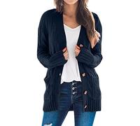 Manteau en tricot long pour femme - Noir - Cardigan long avec boutons - En coton - Avec poche de poitrine - Cardigan surdimensionné - Élégant - Boléro décontracté, bleu marine, M