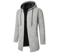 Manteau Homme Hiver Warm Tricoté Plaid Manteau Manches Longues Chaud Veste à Capuche Homme avec Cordon et Poche Couleur Unie Loisir Unisexe Vêtements Long Zip Up Sweater Gris Clair L
