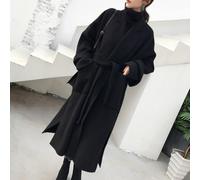 Manteau long au-dessus du genou en laine avec tissu cachemire double face, ceinture et col à revers pour femme, convient pour le quotidien, les affaires et les vacances (L Noir)