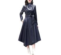 Manteau Long En Cuir Véritable pour Femme, Col Montant, Ceinture, Trench-Coat Coupe-Vent, Vestes Longues, Vêtements D'Extérieur, Automne-Hiver, Élégant, En Peau De Mouton, Coupe-Vent, Bleu Mari