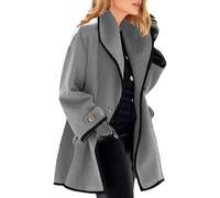 Manteau long en laine pour femme - Caban tendance brodé avec bordure contrastée - Veste d'hiver à revers, gris, L