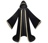 Manteau Mystérieux Renaissance Halloween, Velours Hollandais, Robe de Magicien Déguisé Bal et Saint Patrick Costume de Magicien Manches évasées Chevalier Médiéval Cape à Capuche(Noir 140CM)