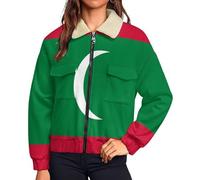 Manteau Polaire A Drapeau Des Maldives Femme Hiver Avec Imprimée Croissant De Lune Manteaux Femmes Hiver Doublé Polaire Chaud Veste Blouson Grande Taille Manteaux Outercoat, Vert Foncé
