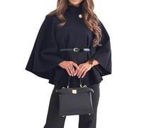 Manteau Poncho À Manches Chauve-Souris for Femme, Veste Cape en Laine avec Ceinture, Pardessus Court d'hiver, Manteau Cape À Col Montant(Black,M)