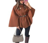 Manteau Poncho À Manches Chauve-Souris for Femme, Veste Cape en Laine avec Ceinture, Pardessus Court d'hiver, Manteau Cape À Col Montant(Brown,S)
