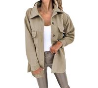 Manteau tendance à revers en treillis avec bouton décontracté à manches longues pour femme Veste d'hiver pour femme Couleur unie Sangle à revers Veste détestée, kaki, S