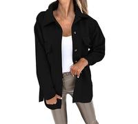 Manteau tendance à revers en treillis avec bouton décontracté à manches longues pour femme Veste d'hiver pour femme Couleur unie Sangle à revers Veste détestée, Noir , L