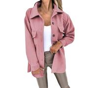 Manteau tendance à revers en treillis avec bouton décontracté à manches longues pour femme Veste d'hiver pour femme Couleur unie Sangle à revers Veste détestée, rose, L