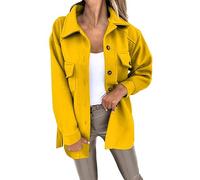 Manteau tendance à revers en treillis avec bouton décontracté à manches longues pour femme Veste d'hiver pour femme Couleur unie Sangle à revers Veste détestée, jaune, L