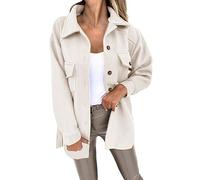 Manteau tendance à revers en treillis avec bouton décontracté à manches longues pour femme Veste d'hiver pour femme Couleur unie Sangle à revers Veste détestée, blanc, M