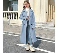 Manteau trench long à double boutonnage ample avec revers pour jeunes filles, style militaire décontracté, pour le transport et le port extérieur 8Y,9Y,10Y,11Y,12YUnicoloreÉtoffe
