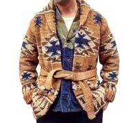 Manteau Tricoté Homme Automne Hiver Épaississement Laçage Cardigan Homme Casual Revers Jacquard Veste Homme Tempérament Mode Manches Longues Sweat Hommes A-Brown XL